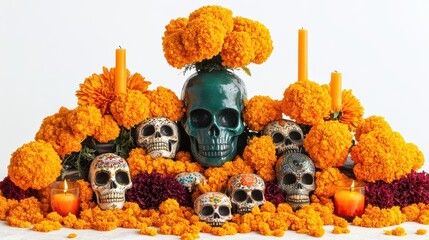 day of the dead altar with skulls and marigolds