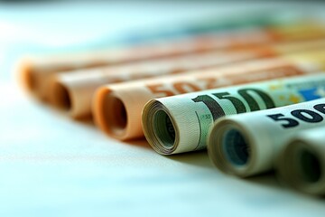 Wall Mural - Close-up of rolled euro banknotes, emphasizing finance, currency, and international economics.