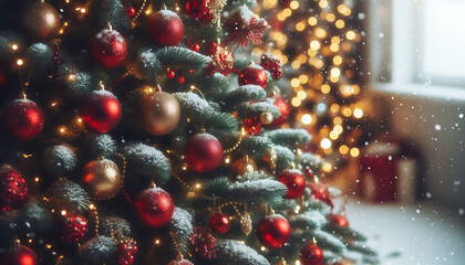 Wall Mural - A decorated Christmas tree in a snowy setting featuring red and gold ornaments hanging from its branches in a soft blurred lights in the background