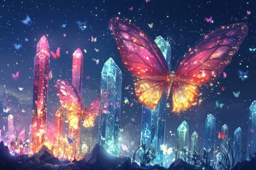 Wall Mural - Fantasy landscape with glowing crystal formations and colorful butterflies