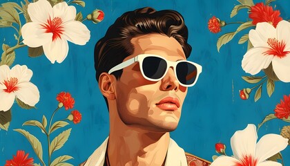 Wall Mural - Chic Pop Art Portrait of Dapper Man in White Sunglasses Surrounded by Vibrant Blue Floral Motifs and Retro Fashion Elements