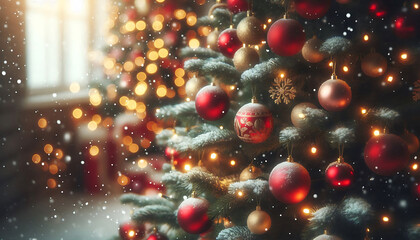 Wall Mural - A decorated Christmas tree in a snowy setting featuring red and gold ornaments hanging from its branches in a soft blurred lights in the background