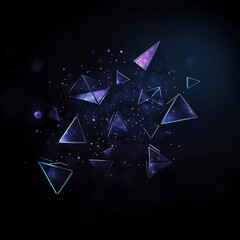 Wall Mural - Abstract background with floating geometric shapes. Blue and purple 3D objects on black backdrop