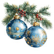 © YUTTADANAI - Festive Blue Christmas Ornaments Hanging on Pine Branch with Red Berries