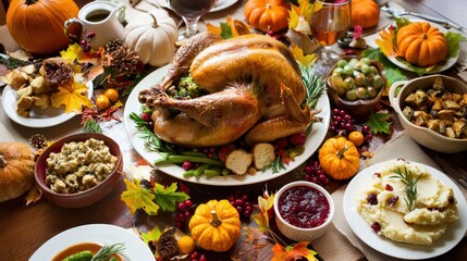 Wall Mural - Thanksgiving dinner table, Roasted turkey and traditional side plates