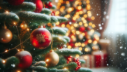 Wall Mural - A decorated Christmas tree in a snowy setting featuring red and gold ornaments hanging from its branches in a soft blurred lights in the background