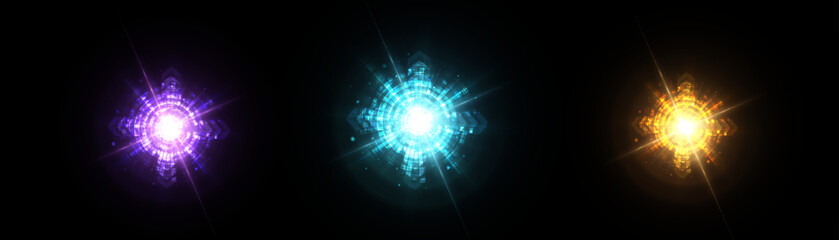Poster - Bright colorful light effects set. Futuristic glow effect for game interface design. Energy universe aura, bright glow, disco glare, space explosion, illuminated stage.	
