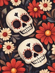 A painting of two skulls with flowers in the background