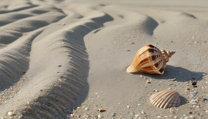 Sunlit beach sand adorned with intricate seashell imprints showcasing a serene coastal texture