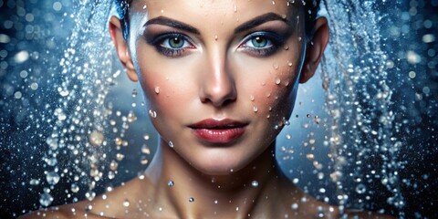 A shimmering veil of water droplets adheres to her face, enhancing the luminosity of her otherwise flawless complexion.