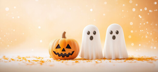 Halloween greeting card. Two ghosts and a pumpkin