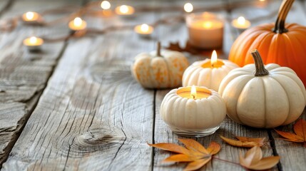 Poster - A cozy autumn scene with pumpkins and candles