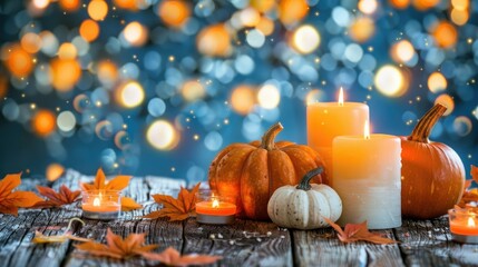 Poster - A cozy autumn scene with pumpkins and candles