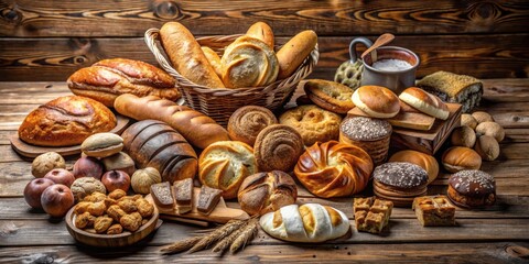 Wall Mural - Assorted bakery products displayed on rustic wooden background