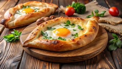 Traditional Georgian khachapuri adjara, a delicious baked bread filled with cheese and egg, a popular national pastry snack