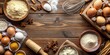 © Collection - Top view of culinary background with ingredients for baking including sugar, eggs, and flour with copy space