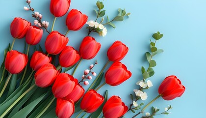 Romantic composition of red tulips on a pastel blue background for Easter, Birthday, and Womens Day celebrations