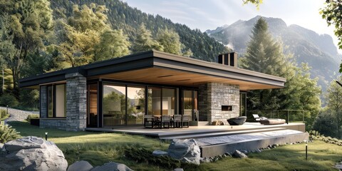 Wall Mural - Realistic depiction of a stylish modern cottage in the Alps, with a focus on innovative architecture and natural surroundings.