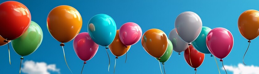 Watercolor balloons floating in a bright blue sky, symbolizing celebration and happiness