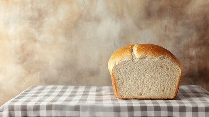 Delicious loaf of bread placed on a checkered tablecloth, with a background in colors light gray.