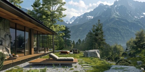 Wall Mural - Realistic image of a modern alpine cottage with panoramic views of the majestic Alps.