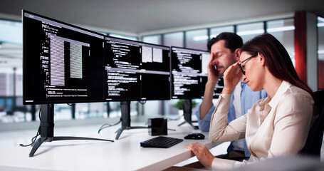 Fototapete - Unhappy Sad Developer Programmers In Stress Coding Software