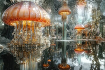 Wall Mural - Glowing ethereal jellyfish floating in enchanted underwater forest