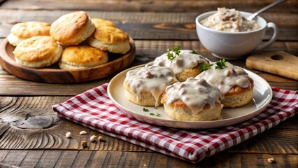 Traditional American biscuits and gravy breakfast served on a rustic wooden table with space for copy