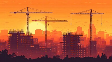 Construction cranes against a sunset cityscape.