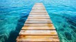 © TawaUStock - Perspective of a weather-beaten wooden pier extending into vibrant blue sea waters, with gentle reflections and bright, natural lighting, realistic style with detailed textures of the wood and water,