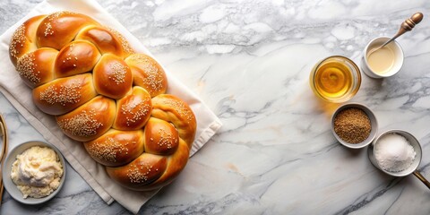 Traditional Jewish challah bread preparation on marble background with copy space