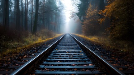 Wall Mural - Railroad tracks running through a foggy forest, soft diffused light filtering through the trees, intricate details of dew on the rails, quiet and serene mood with a focus on the tracks journey, calm