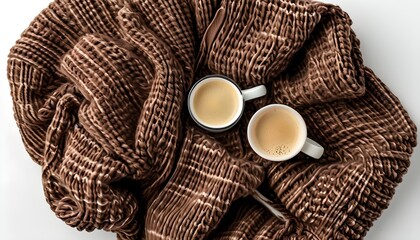 Cozy brown knitted plaid blanket draped elegantly on a soft white background for a warm and inviting flat lay display