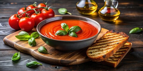 Wall Mural - Homemade tomato soup with basil toast and olive oil on a wooden table, a vegetarian dish, on a dark background with copy space