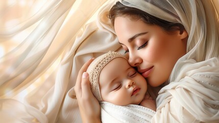 Wall Mural - New mother and her baby in a sunlit room with sheer curtains fluttering gently.