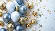 © Ouahdou - Holiday background with golden and blue metallic balloons, confetti and ribbons. Festive card for birthday party, anniversary, new year, christmas or other events. Created with generative