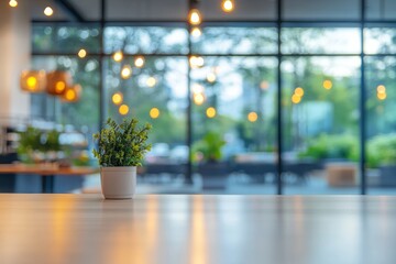 Wall Mural - Blurred office background with blurred glass door and window, tabletop for product display in a modern business center interior.