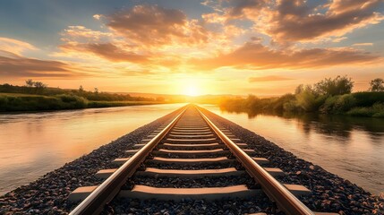 Wall Mural - Railroad tracks crossing a wide river, golden light of sunset casting reflections on the water, detailed textures of the tracks and surrounding riverbank, mood of progress and commitment, expansive