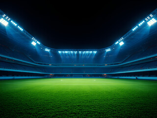 Sports Stadium with Green Grass Field and Blue Spotlights, Nighttime Splendor, Sports tournament, world championship Photography. Generative AI.