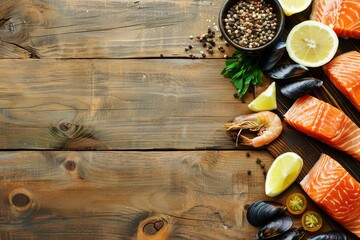 Wall Mural - Fresh Seafood Ingredients on Wooden Background