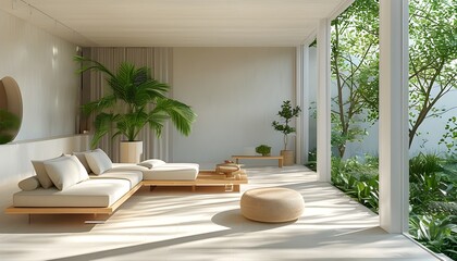 Poster - Serene modern interior with clean lines, minimalist furniture, natural light, and lush greenery fostering a tranquil and harmonious ambiance