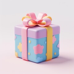 Colorful 3D Gift Box with Ribbon Bow on Minimal White Background