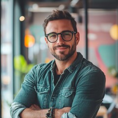 Wall Mural - A man wearing glasses and a blue shirt is smiling for the camera