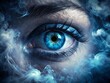 © Arnada - Ominous, glowing blue eye with vertical pupils piercing through darkness, surrounded by eerie, swirling mist, evoking