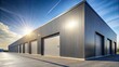 © Collection - Industrial gray corrugated metal factory buildings with sunlight and shadows in minimal style perspective side view