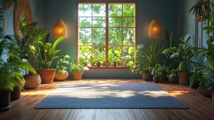 Canvas Print - Sunlit Interior with Lush Greenery and a Blue Rug