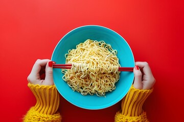 Woman's hands holding a bowl of instant noodles on a red background