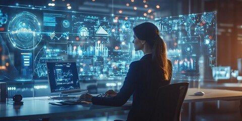 Back view of young businesswoman sitting at desk in office with double exposure of infographs.