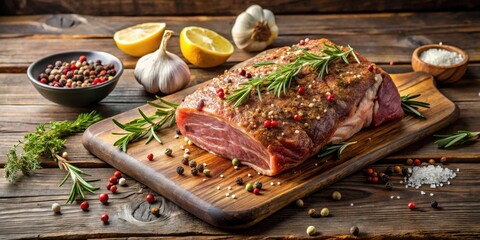 Raw roast seasoned with spices and sea salt on a rustic wooden table