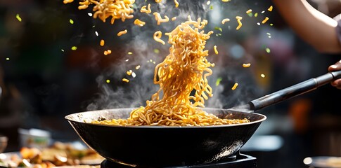 Wall Mural - Noodles Being Tossed in a Wok